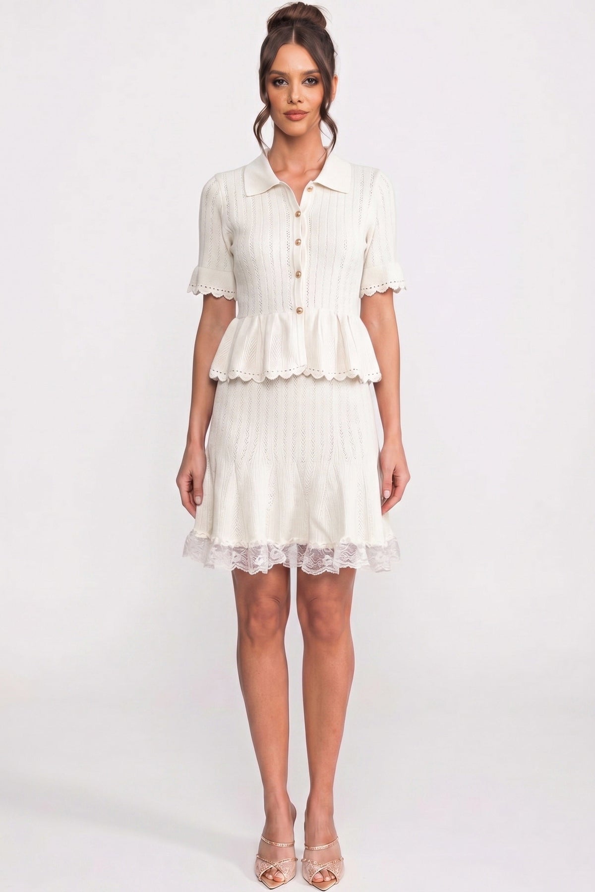 Polo Collar Ribbed Knit Peplum Top and Mini Skirt Set – White – view 3