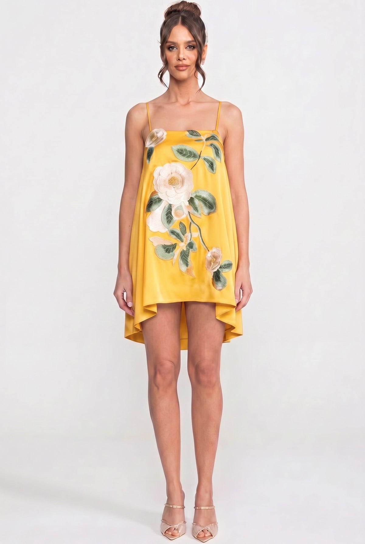 Structured A-Line Mini Dress with 3D Camellia Appliqué – Yellow