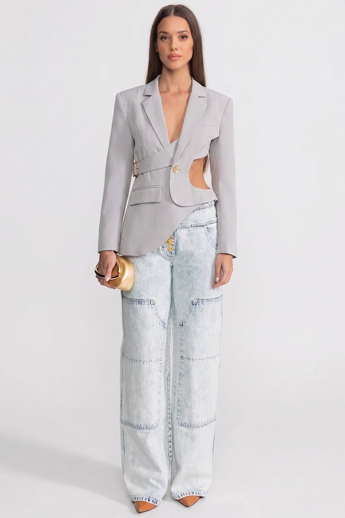 Asymmetric Cut-Out Blazer with Notched Lapels and Belt – Light Grey – view 1