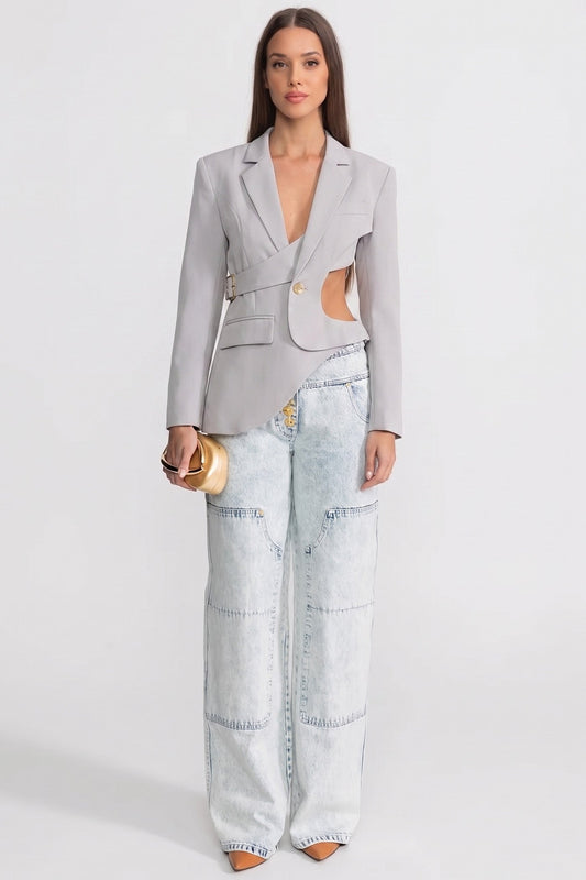Asymmetric Cut-Out Blazer with Notched Lapels and Belt – Light Grey