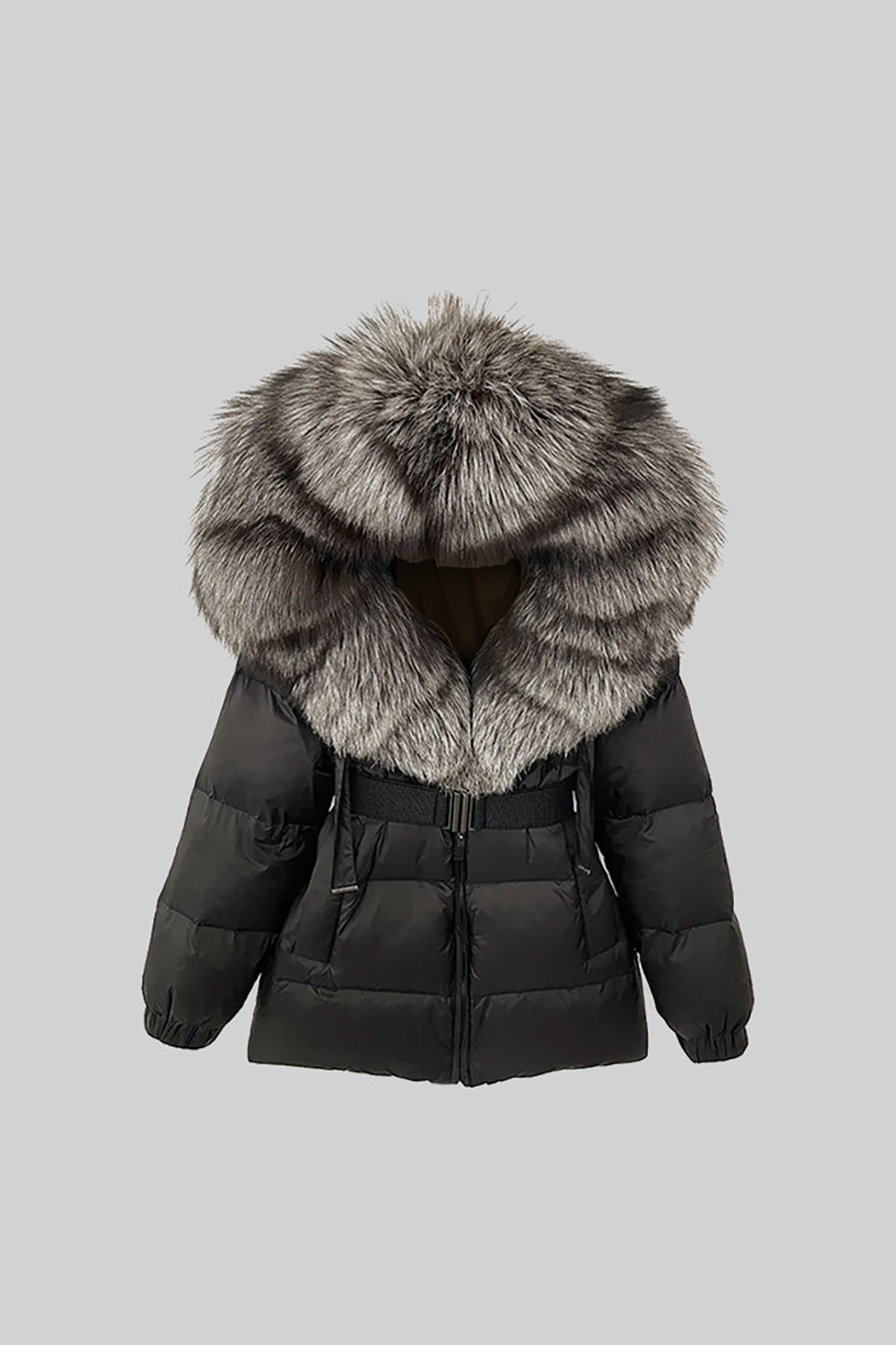 Belted Duck Down Puffer Jacket with Grey Lined Hood – Black – view 2