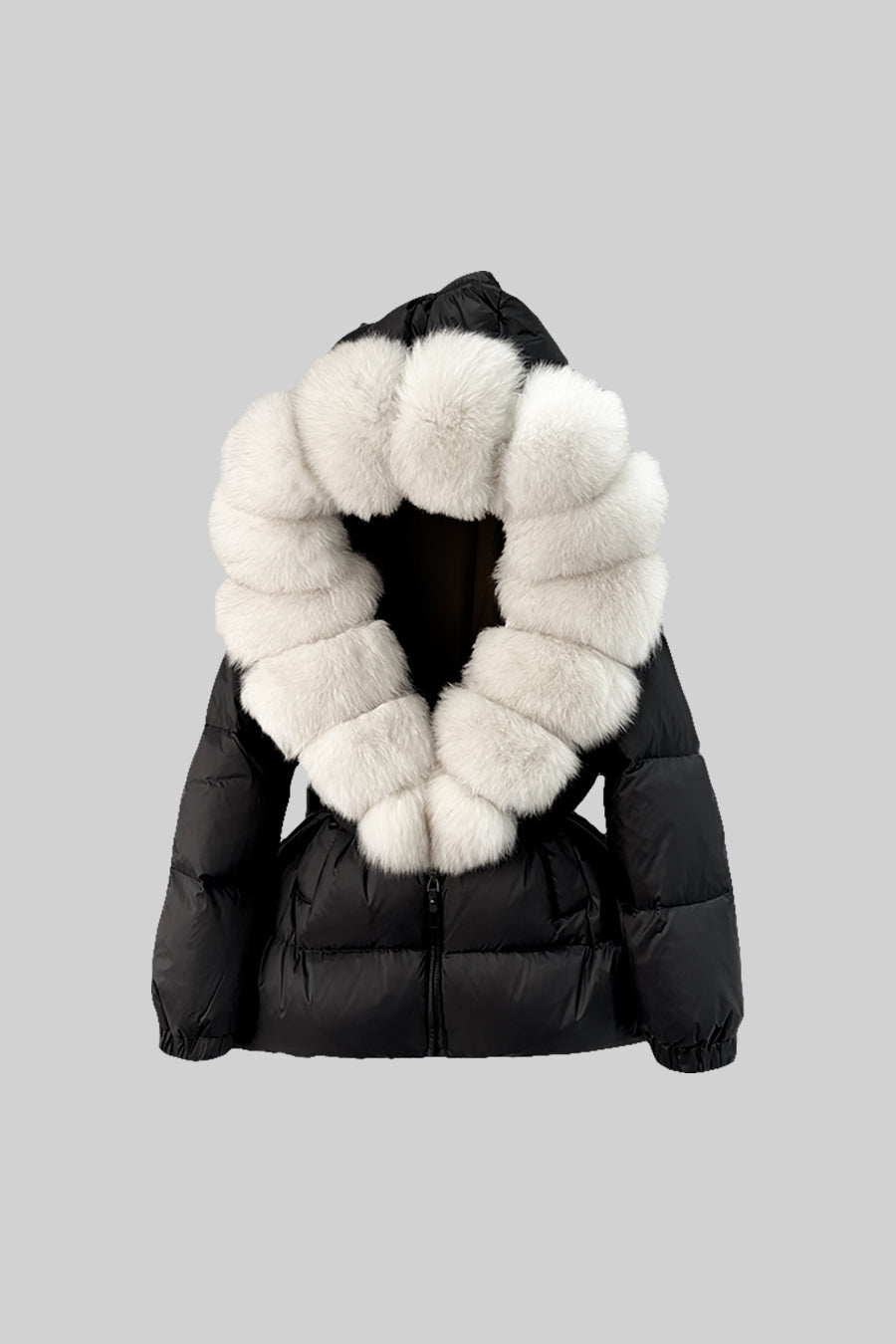 Belted Duck Down Puffer Jacket with White Lined Hood – Black – view 2