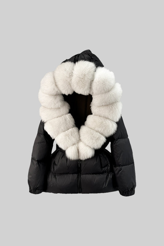 Belted Duck Down Puffer Jacket with White Lined Hood – Black – view 2