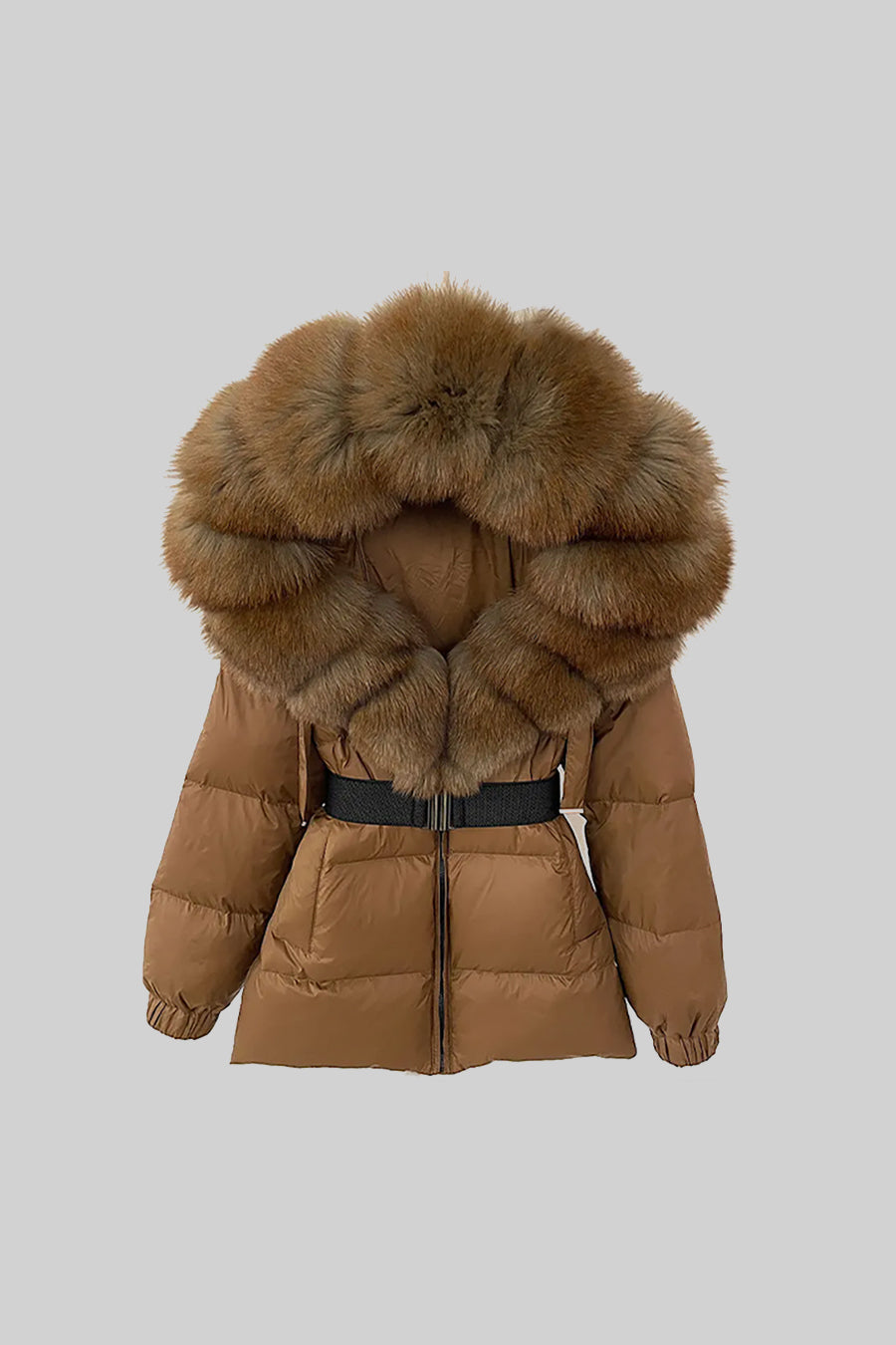 Belted Duck Down Puffer Jacket with Brown Lined Hood – Brown – view 2