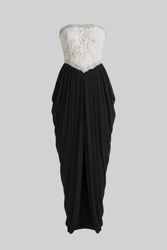 Strapless 3D Floral Corset Gown with Draped Slit Skirt – White and Black – view 2
