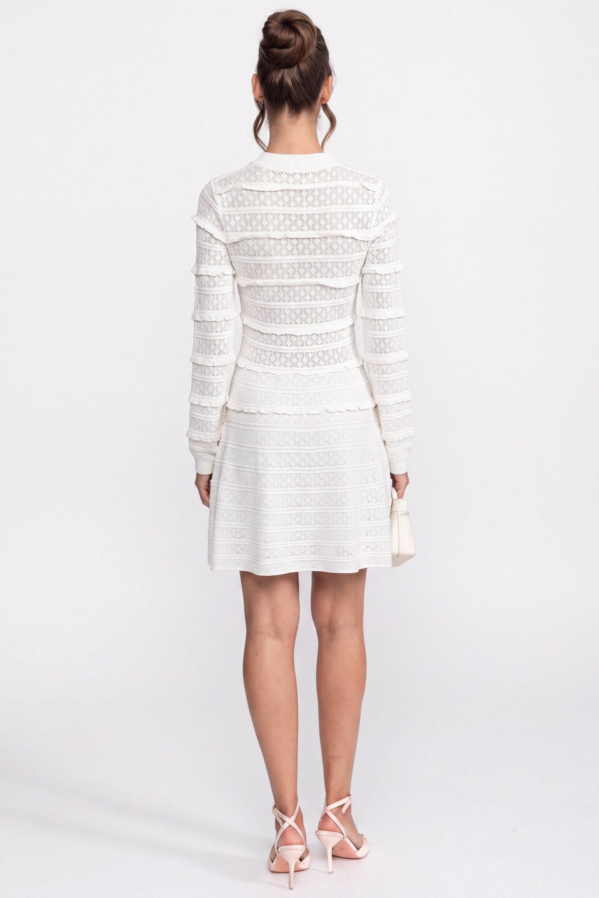 Long Sleeve Knit Fit and Flare Mini Dress with Crystal Buttons – White