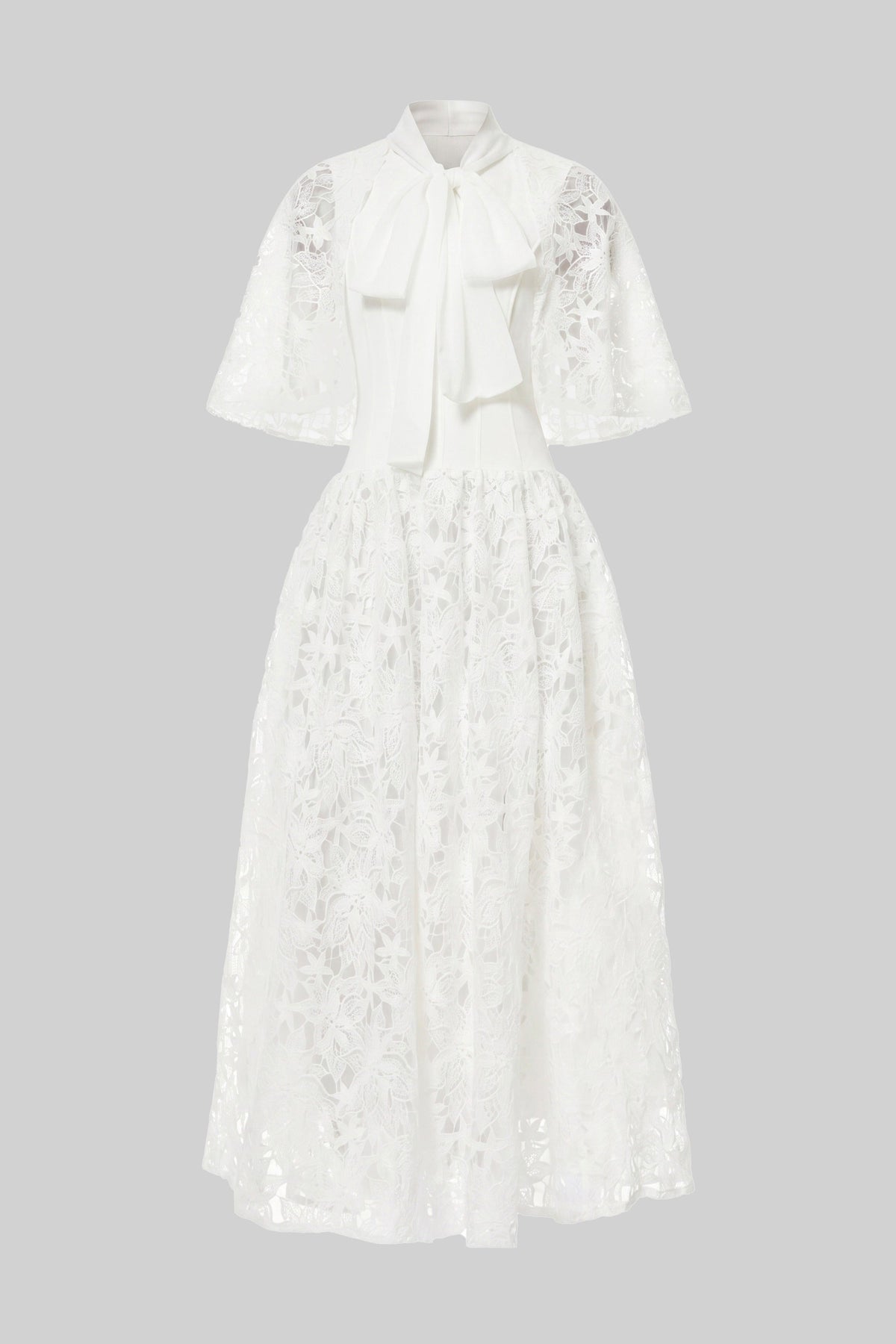 Floral Lace Flutter Sleeve Maxi Dress with 3D Bow Detail – White – view 2