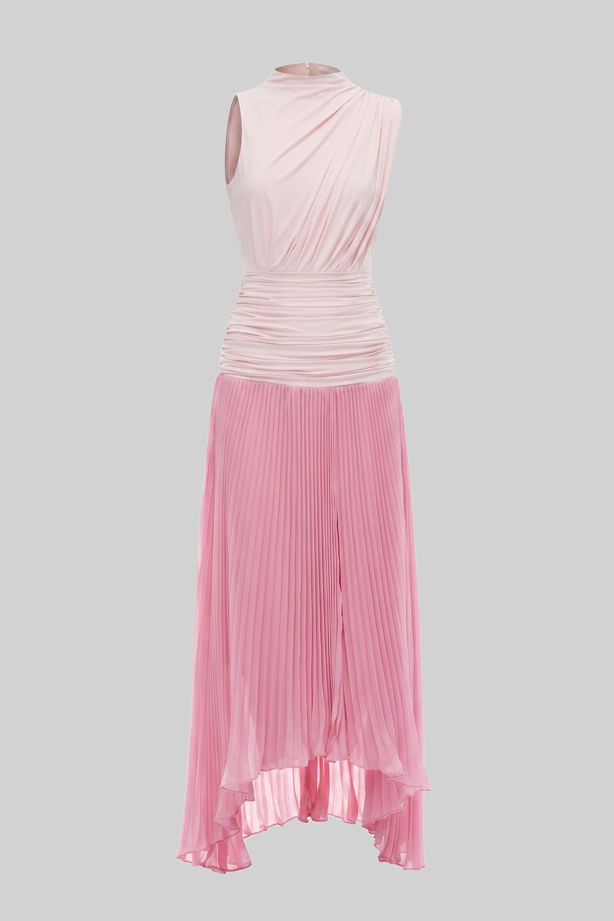 Accordion Pleated Halter Neck Column Maxi Dress with Ruched Waist – Pink – view 2