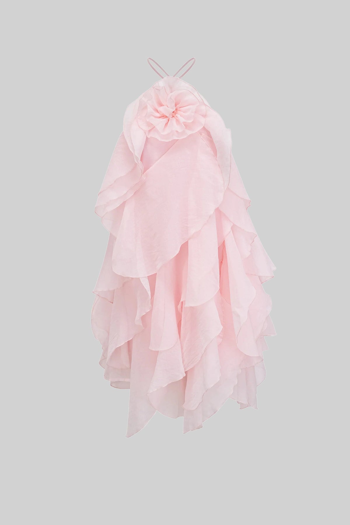 Tiered Ruffle Mini Dress with 3D Floral Halter Neck – Pink – view 2