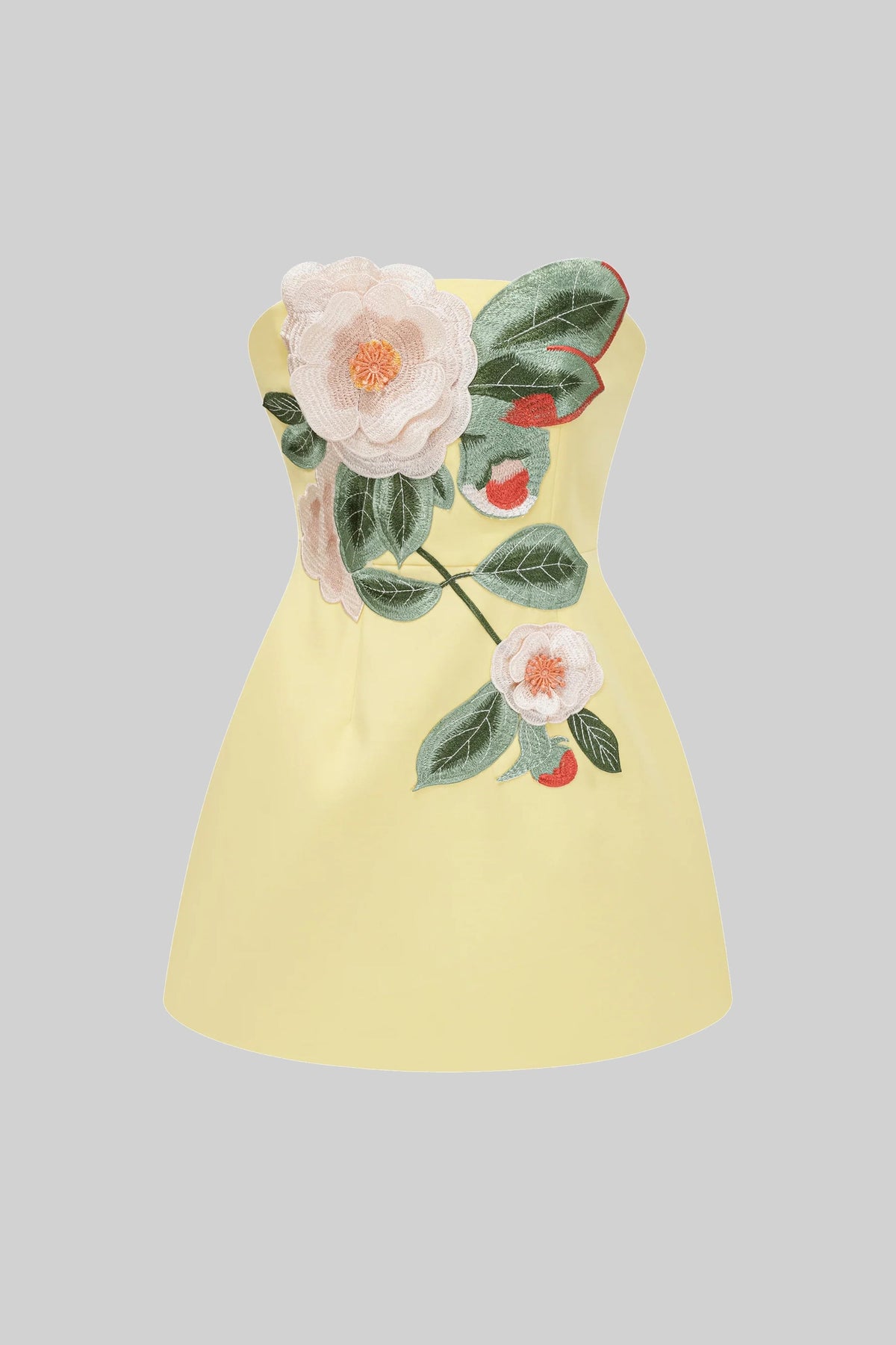 Strapless A-Line Mini Dress with 3D Camellia and Leaf Appliqué – Yellow – view 2
