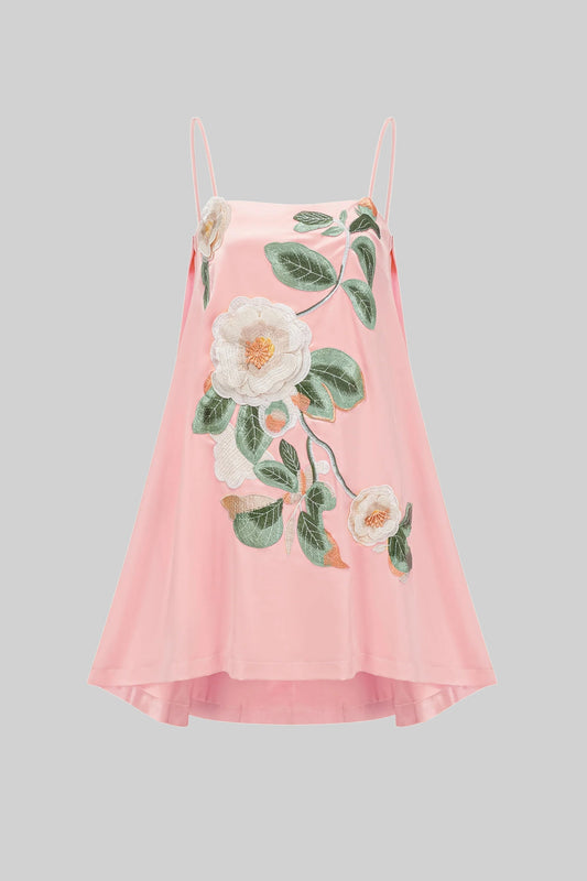 A-Line Mini Dress with Spaghetti Straps and 3D Camellia – Pink