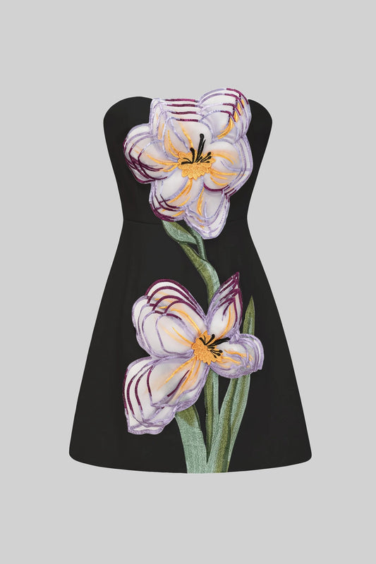Strapless A-Line Mini Dress with 3D Iris Appliqué Skirt – Black – view 2