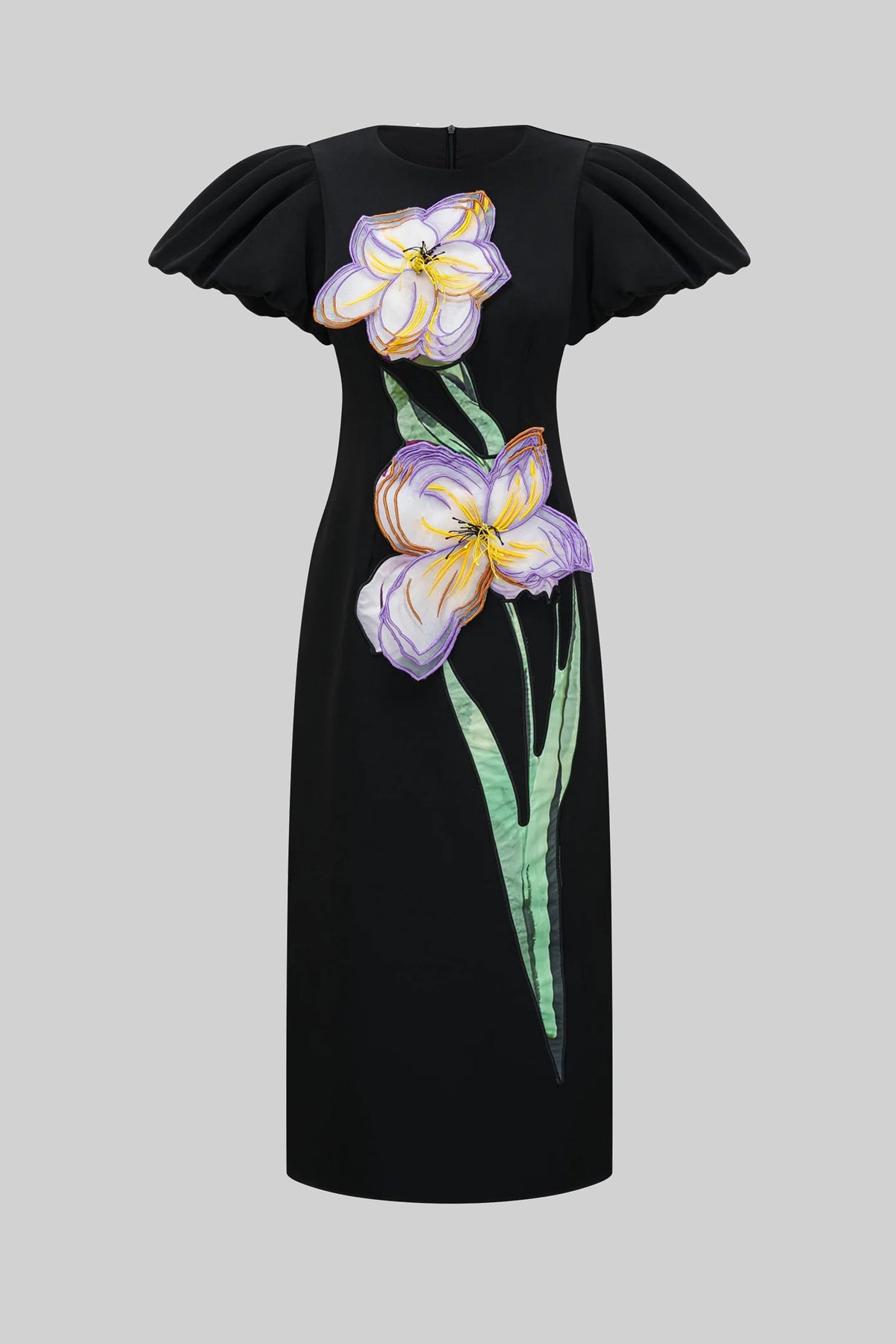 Sculptural Shoulder Column Maxi Dress with 3D Iris Appliqué – Black – view 2