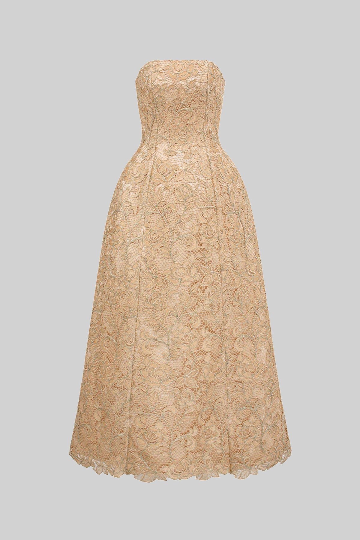 Strapless Floral Lace Ballgown with Full A-Line Skirt – Gold – view 6