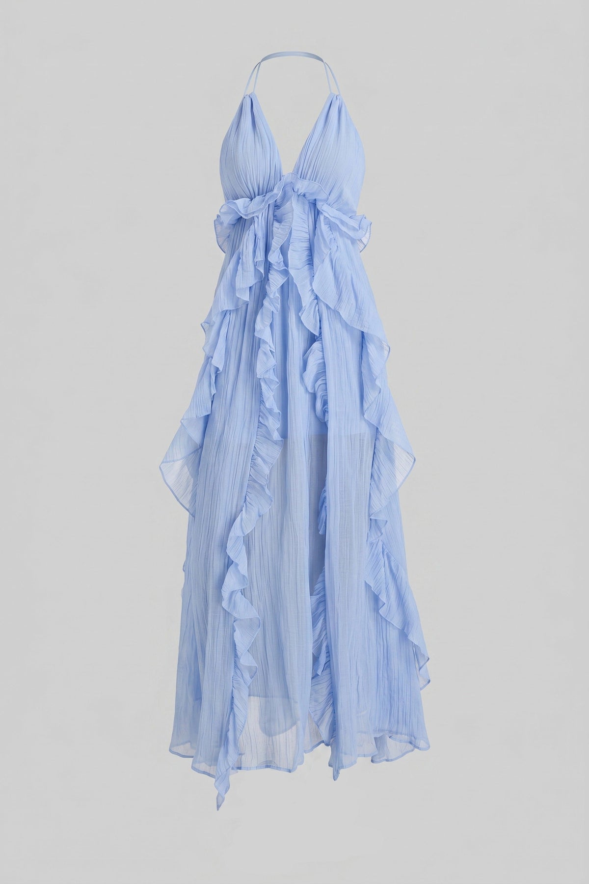 Deep V Halter Chiffon Ruffle Maxi Dress with Asymmetric Tiers – Blue – view 5