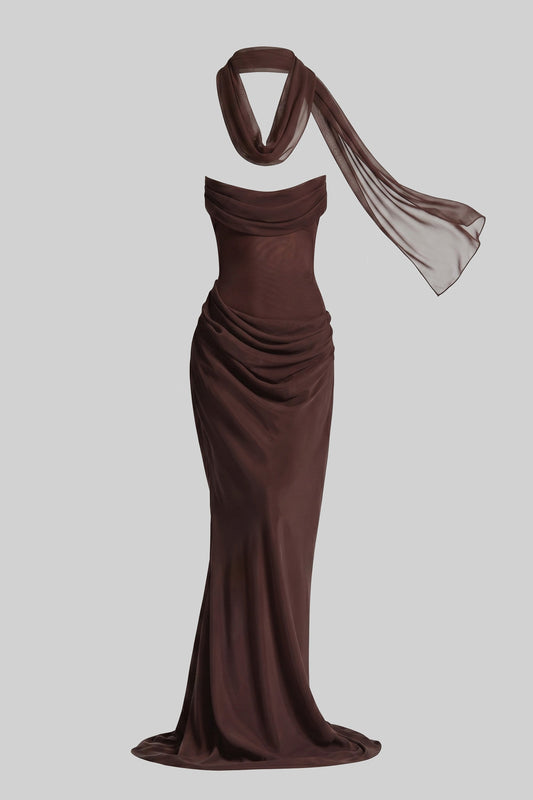 Strapless Cowl Neck Draped Maxi Gown with Sheer Scarf – Brown – view 2