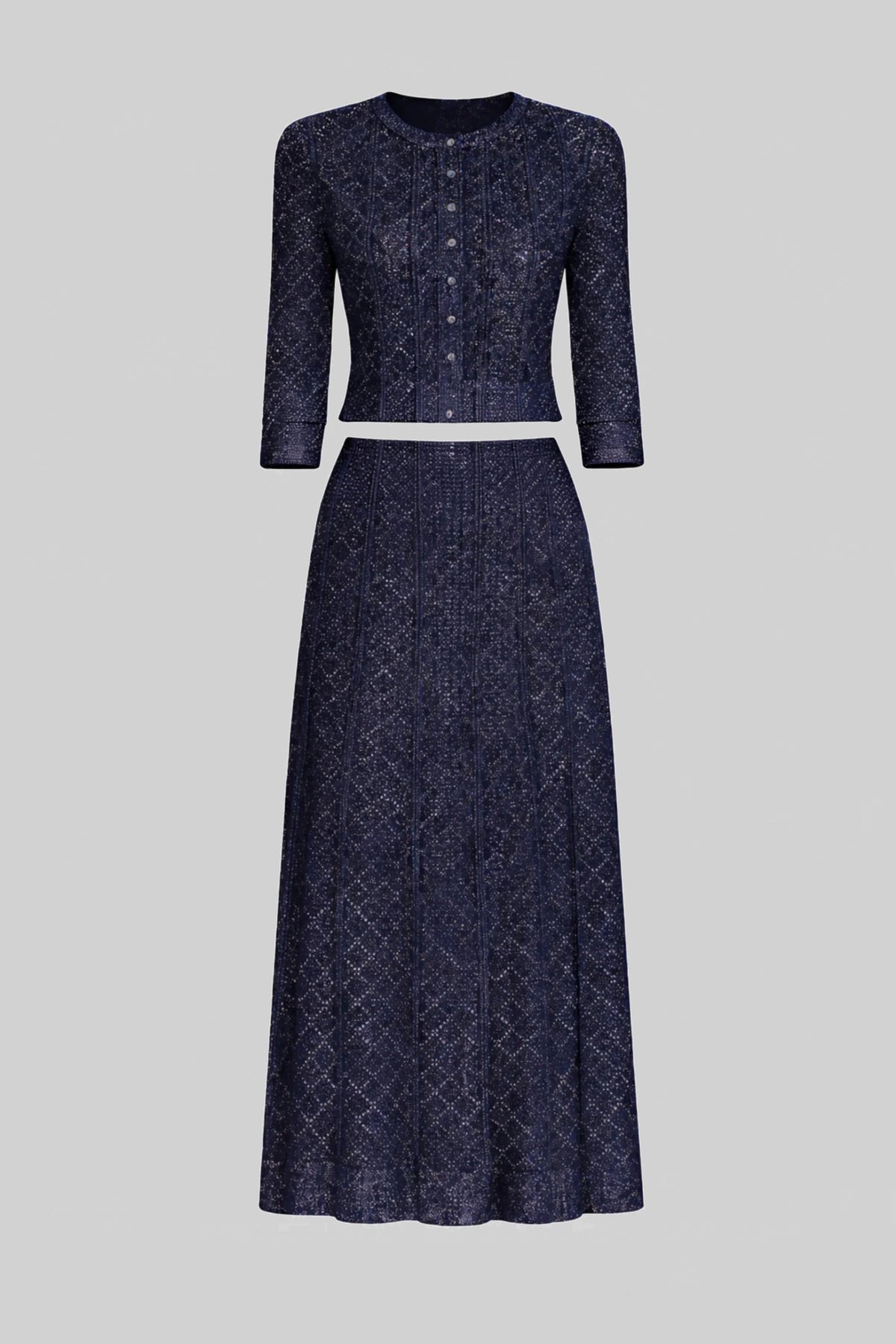 Diamond Pattern Lace Cropped Top and Maxi Skirt Co-ord Set – Navy – view 4