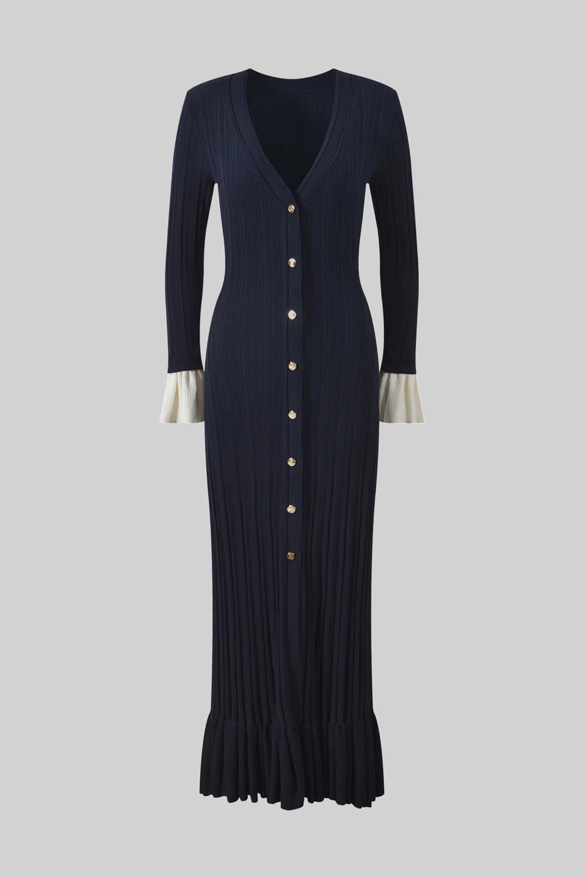 V-Neck Pleated Knit Maxi Dress with Contrast White Cuffs – Navy