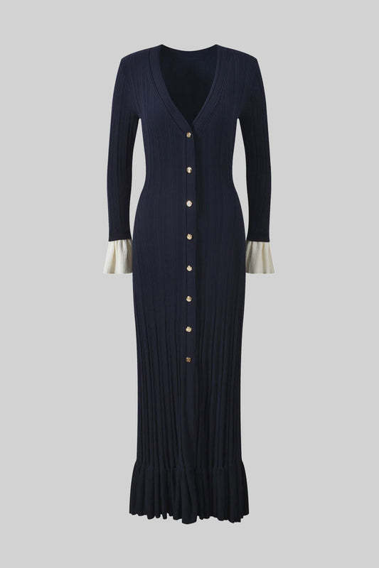 V-Neck Pleated Knit Maxi Dress with Contrast White Cuffs – Navy