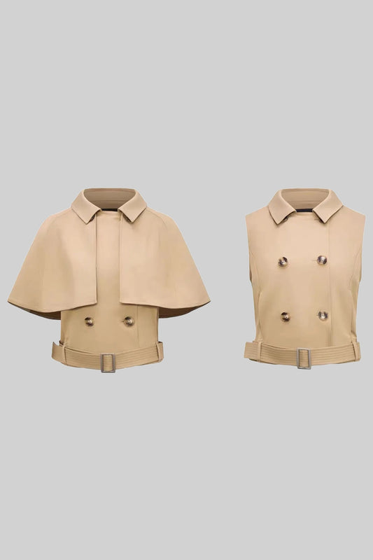 Double-Breasted Cropped Top with Spread Collar and Cape – Khaki – view 2