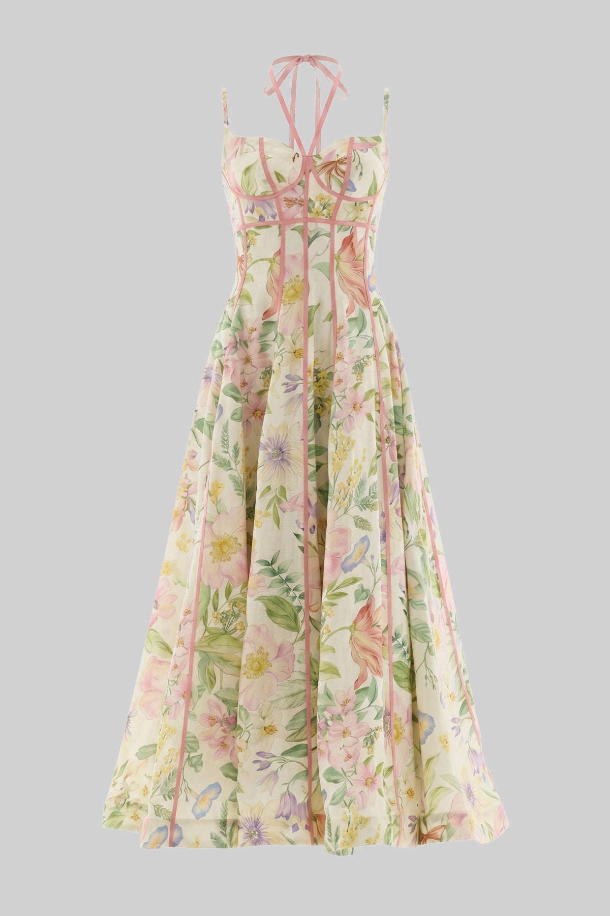Sweetheart Corset Floral Midi Dress with Ribbon Trim – Multicolour – view 2