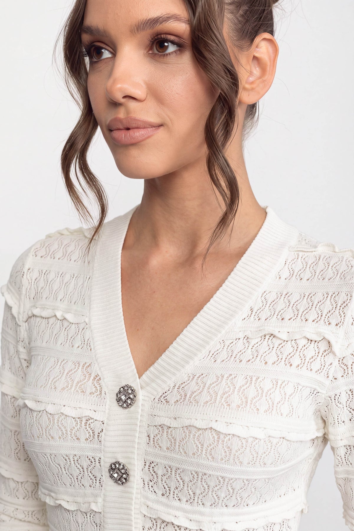 Long Sleeve Knit Fit and Flare Mini Dress with Crystal Buttons – White – view 4