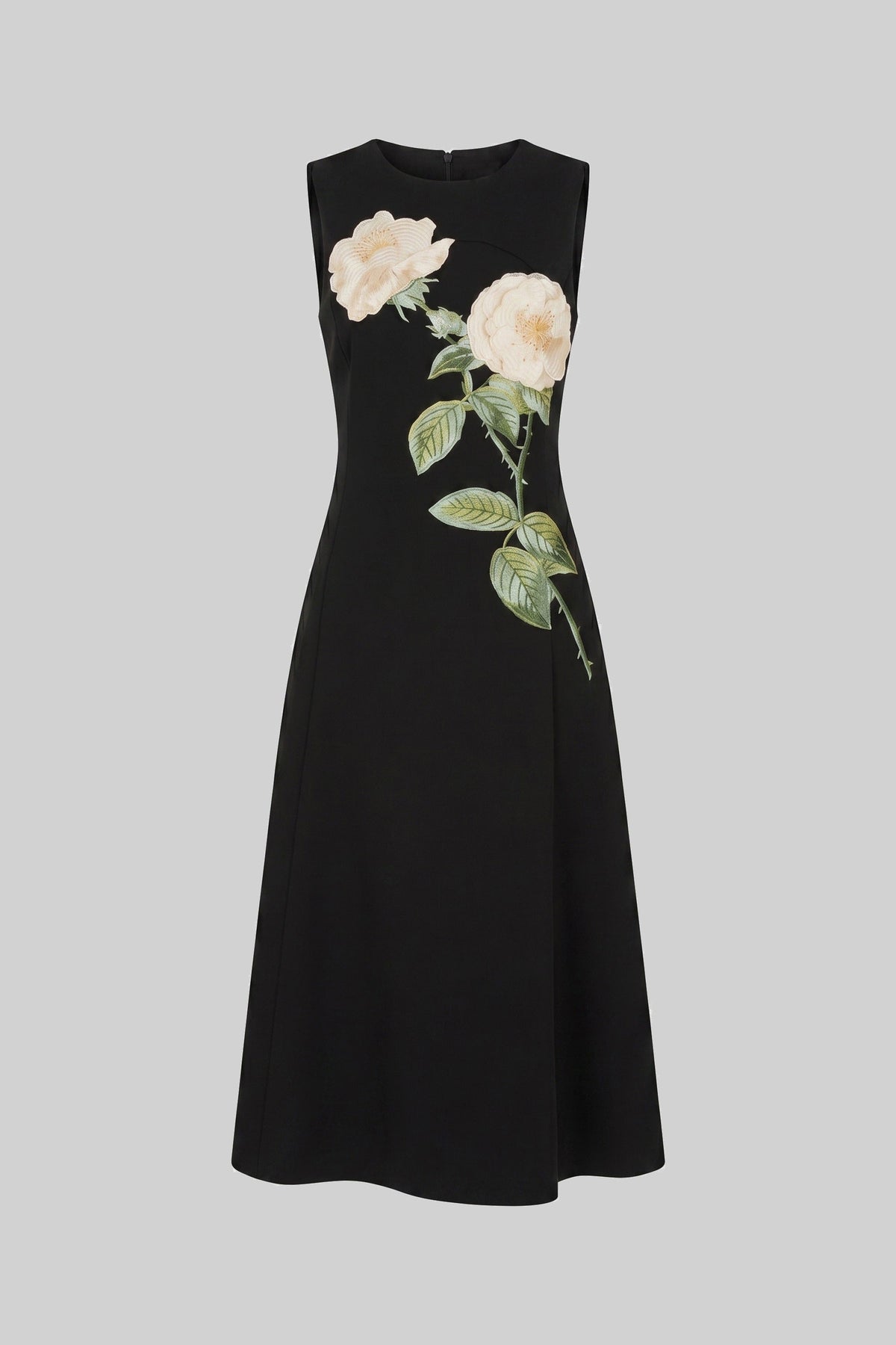 Sleeveless 3D Floral Appliqué Midi Dress with Full Skirt – Black