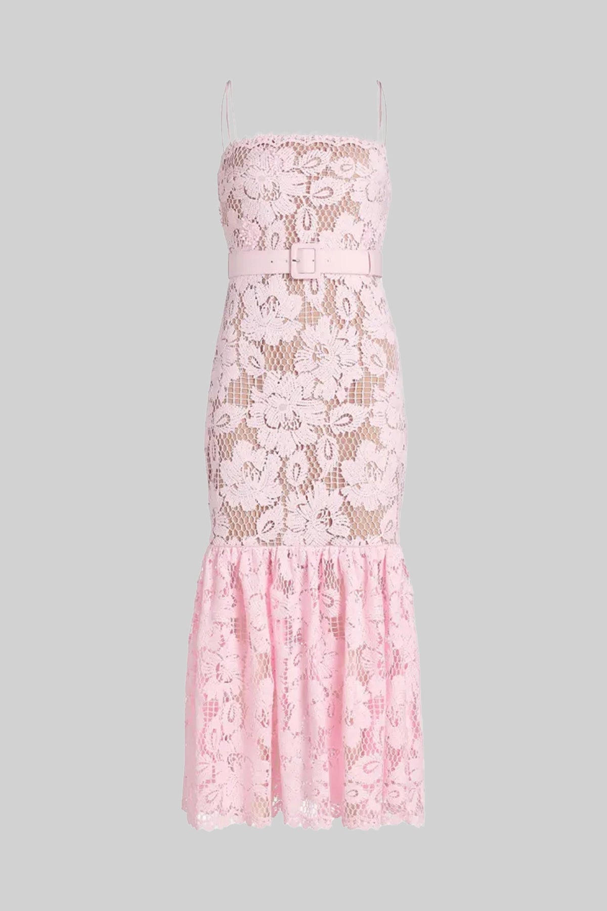 Lace Square Neck Midi Dress with Belted Waist and Flounce Hem – Pink