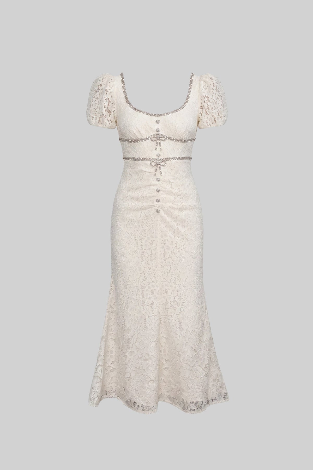 Lace Scoop Neck Puff Sleeve Dress with Button Detail – Ivory – view 2