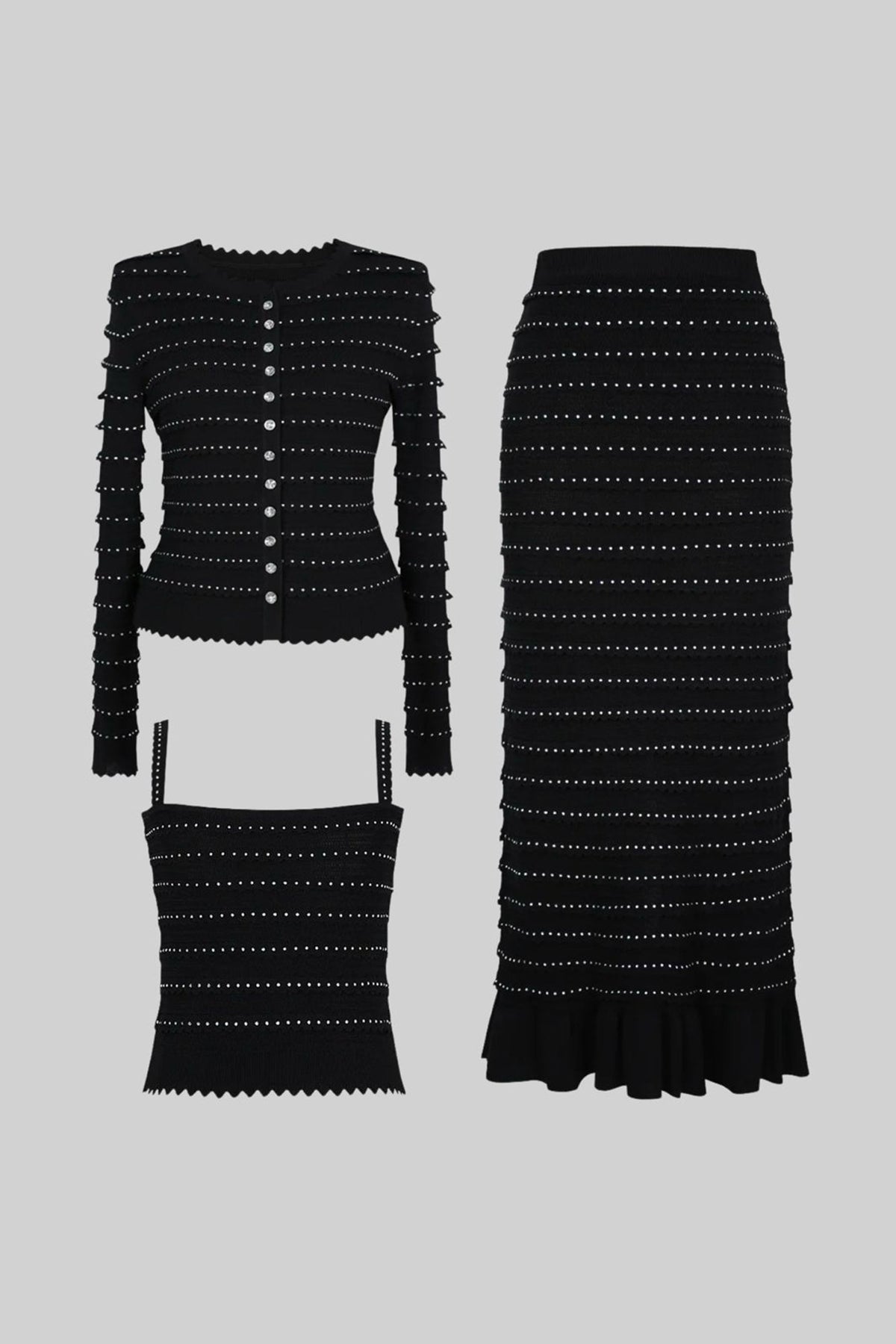 Bouclé Knit Puff Sleeve Blazer, Top and Midi Skirt Three-Piece Set – Black – view 3
