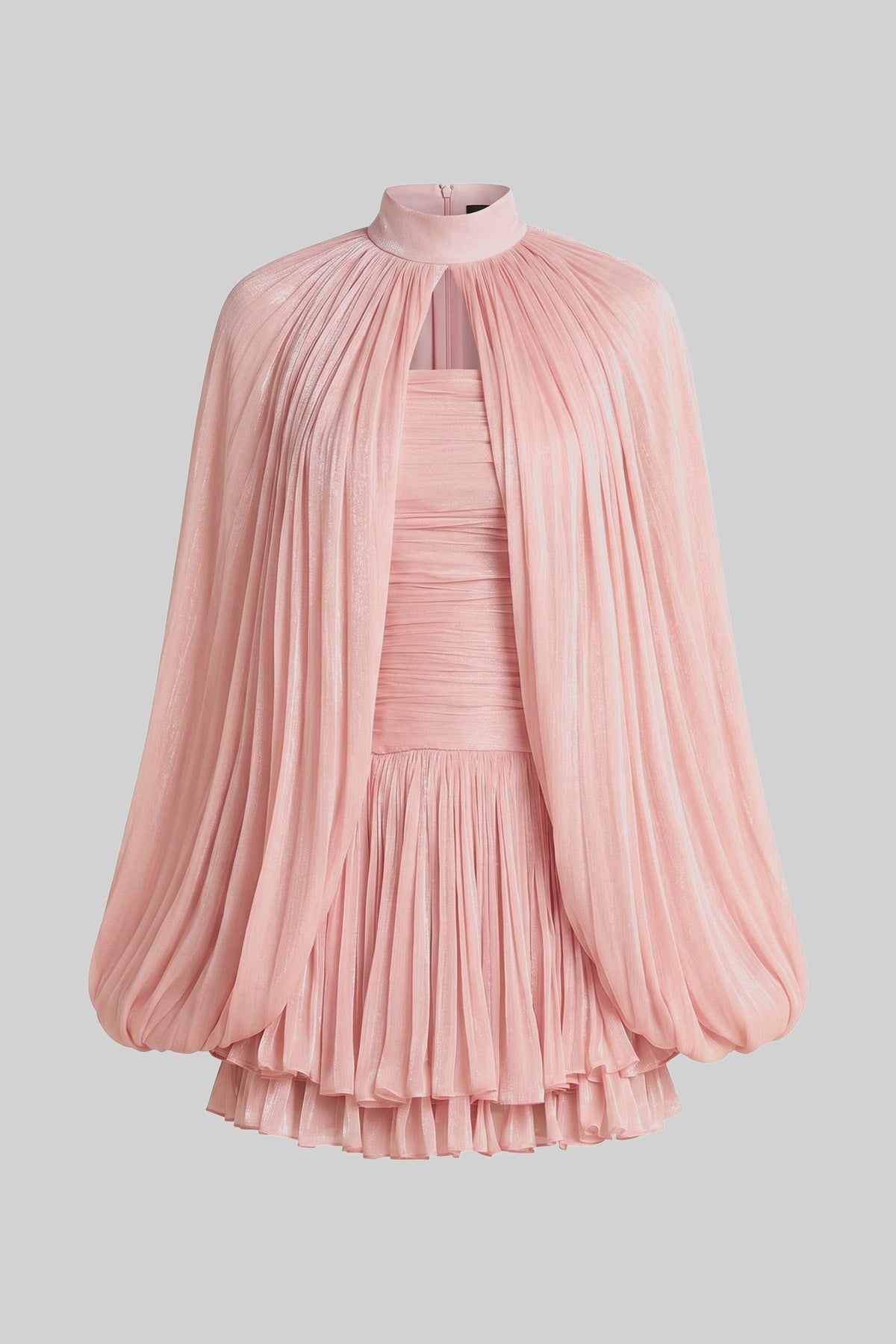 High Neck Balloon Sleeve Pleated Trapeze Mini Dress – Pink – view 5