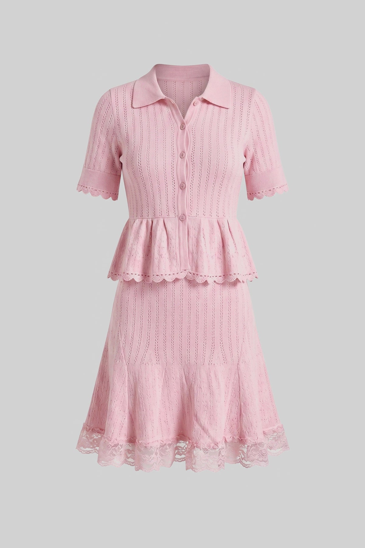 Polo Collar Ribbed Knit Peplum Top and Mini Skirt Set – Pink – view 2
