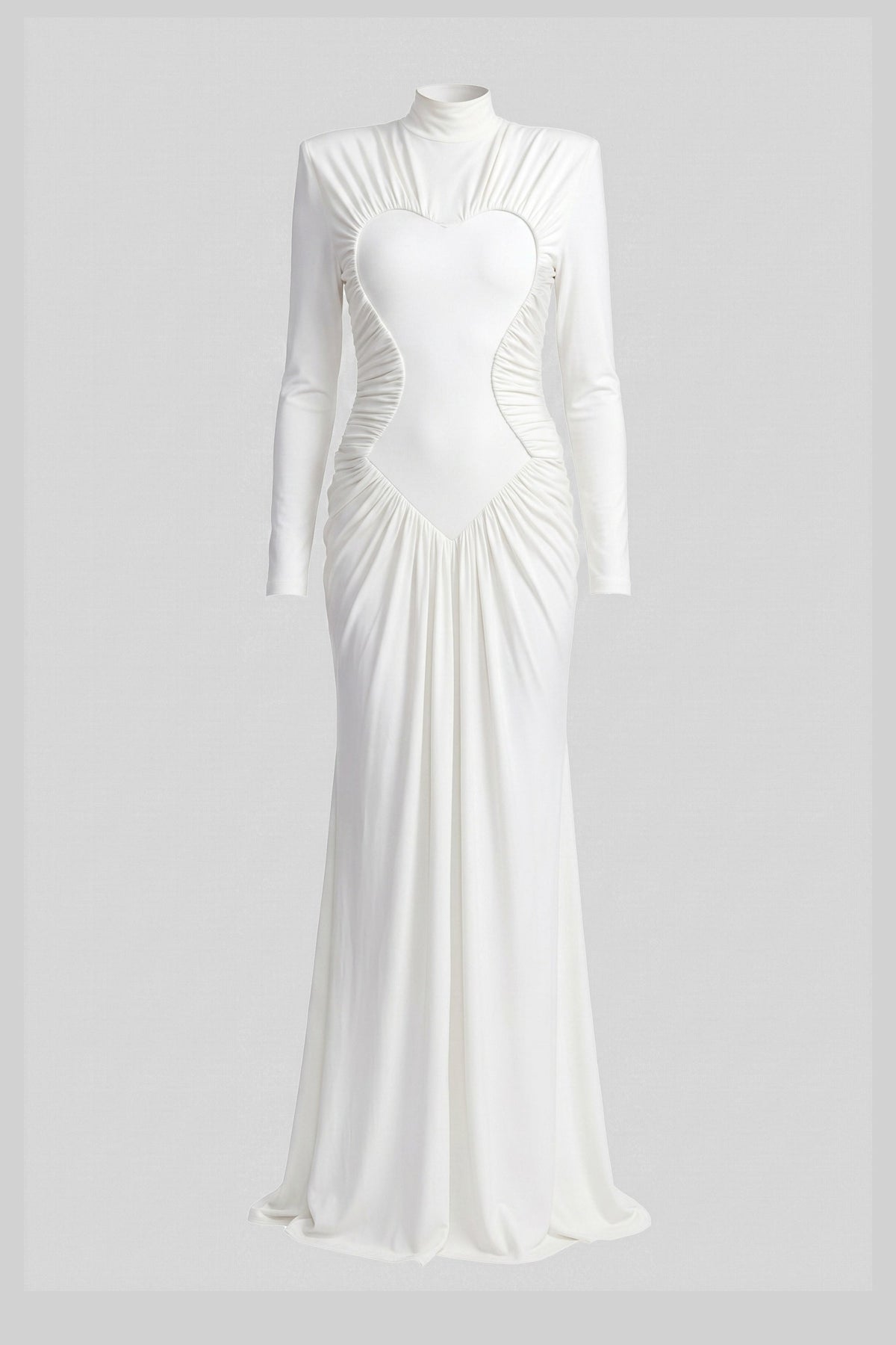 Mock Neck Long Sleeve Ruched Mermaid Gown with Train – White – view 2