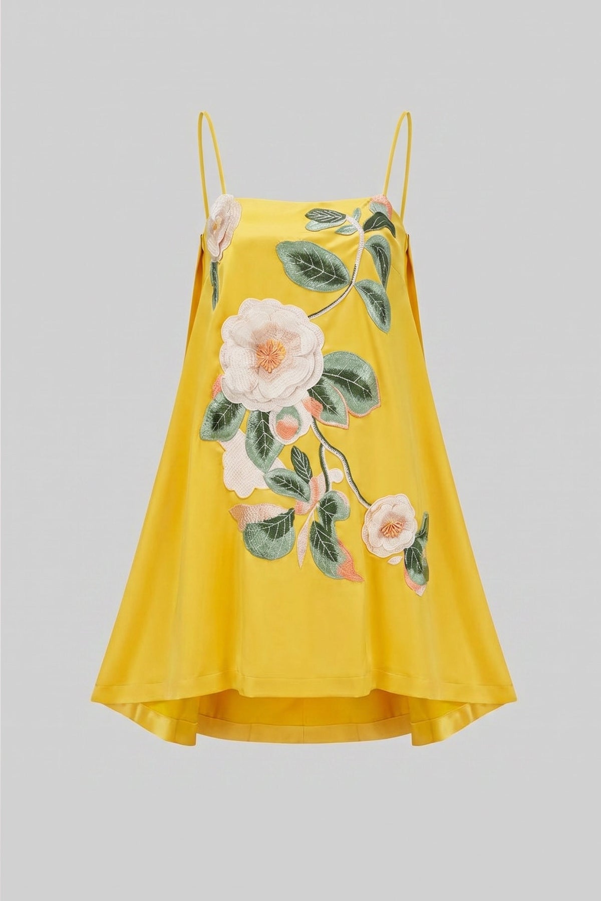 Structured A-Line Mini Dress with 3D Camellia Appliqué – Yellow – view 2