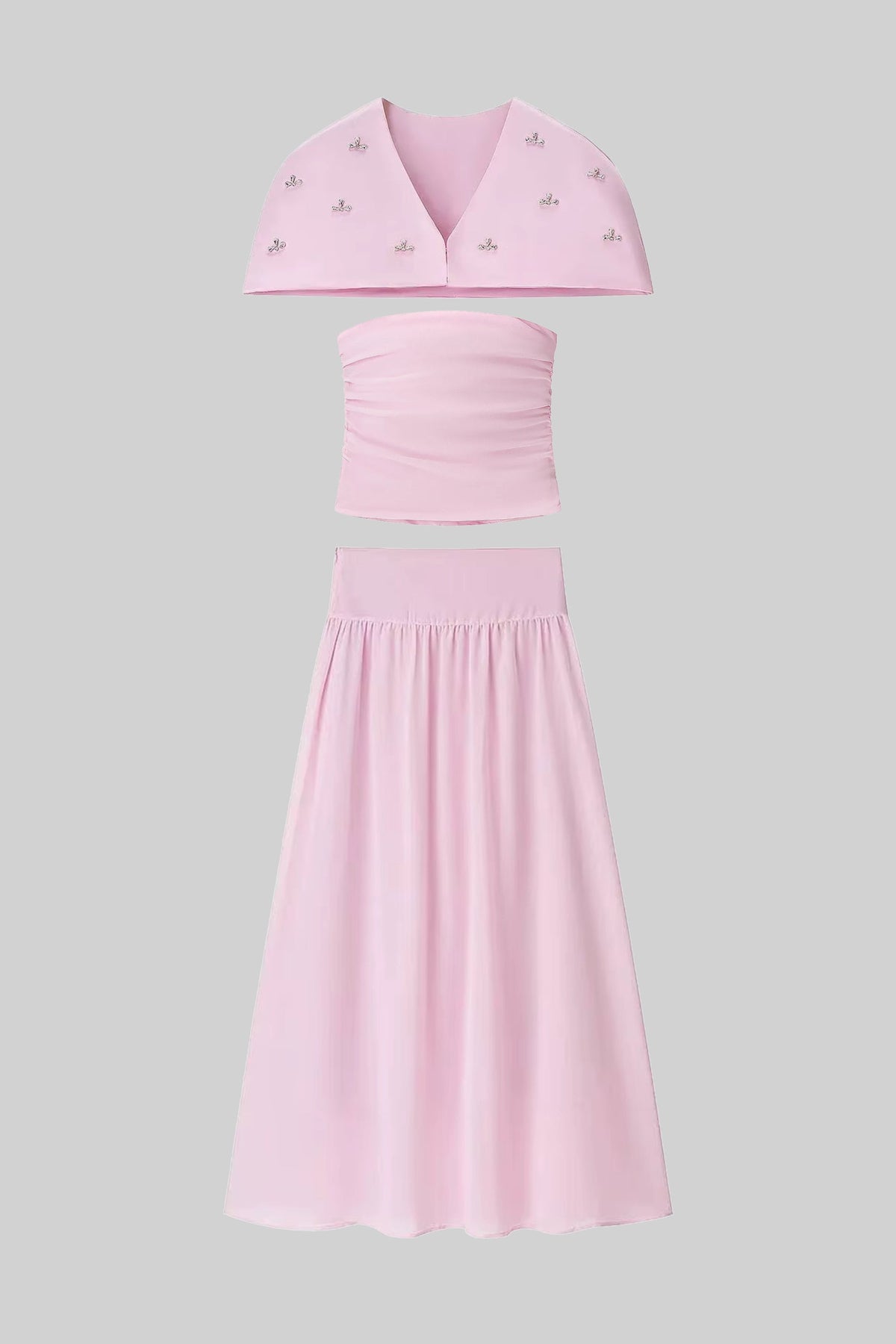3-Piece Ruched Top, Detachable Cape and Maxi Skirt Co-ord Set – Pink – view 2