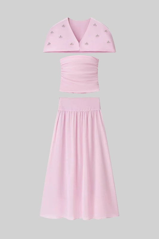 3-Piece Ruched Top, Detachable Cape and Maxi Skirt Co-ord Set – Pink