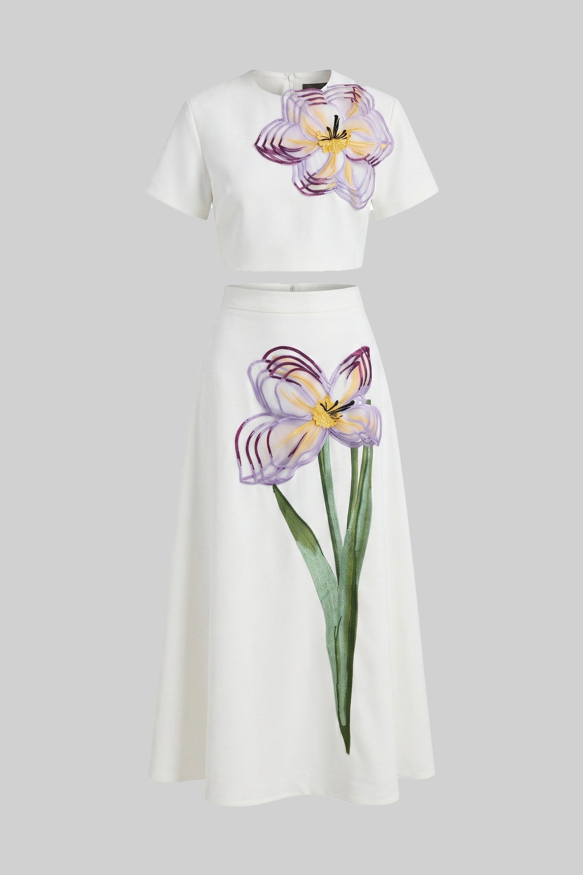 Iris Floral Print Crop Top and A-Line Maxi Skirt Co-ord Set – White – view 2
