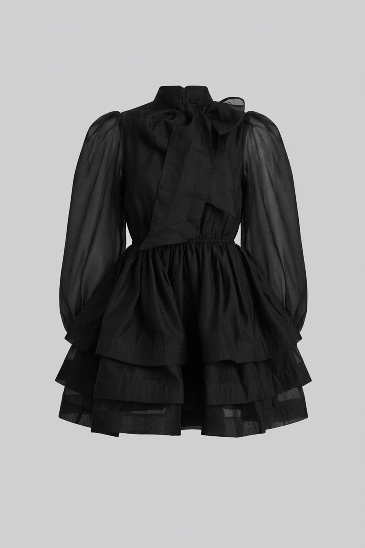 High Neck Bow Puff Sleeve Mini Dress with Tiered Ruffle Skirt – Black – view 2