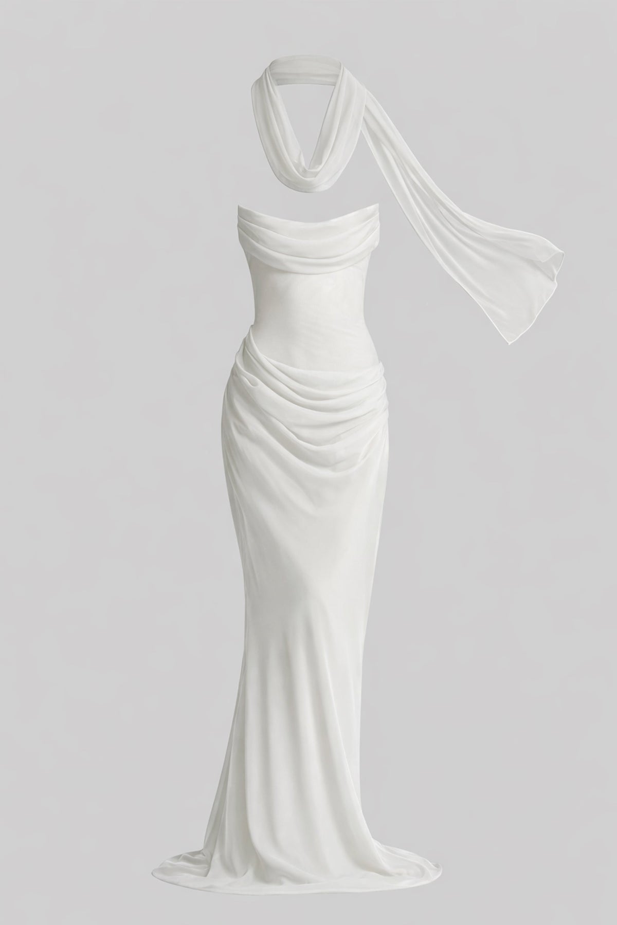 Strapless Draped Mermaid Maxi Gown with Cowl Neck and Sheer Scarf – White – view 3