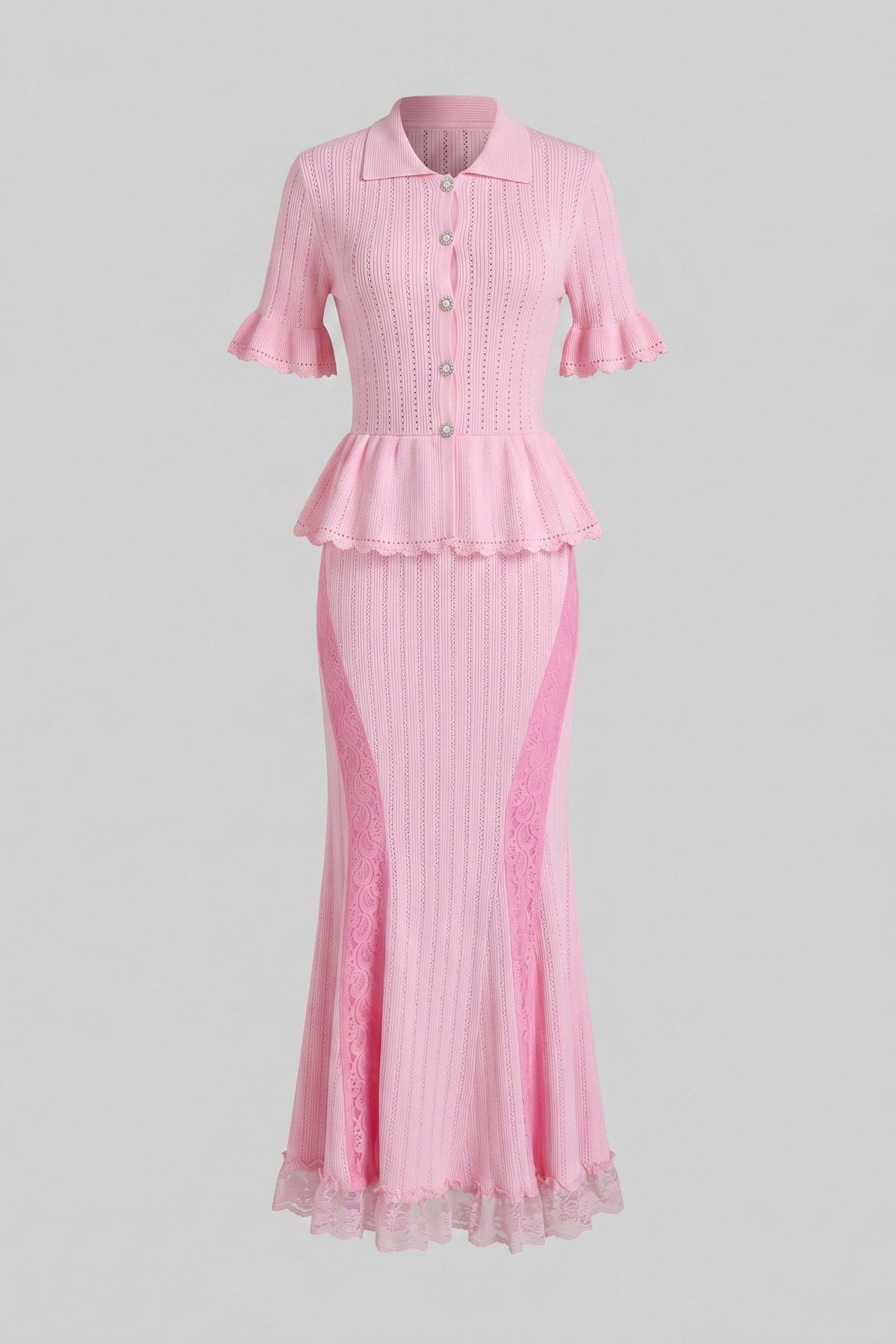 Peter Pan Collar Knit Peplum Maxi Dress with Ruffle Sleeves and Lace Hem – Pink – view 2