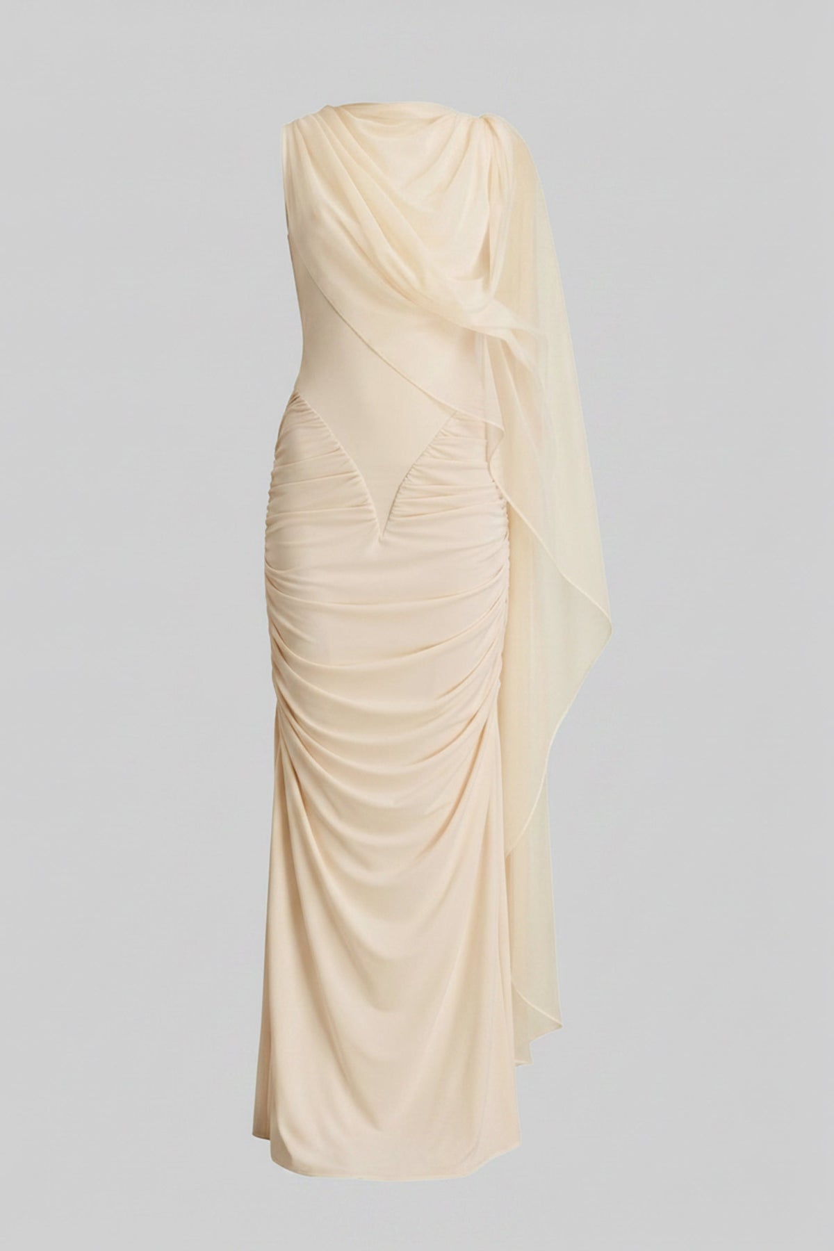 One-Shoulder Draped Maxi Dress with Sheer Scarf Detail – Beige – view 5