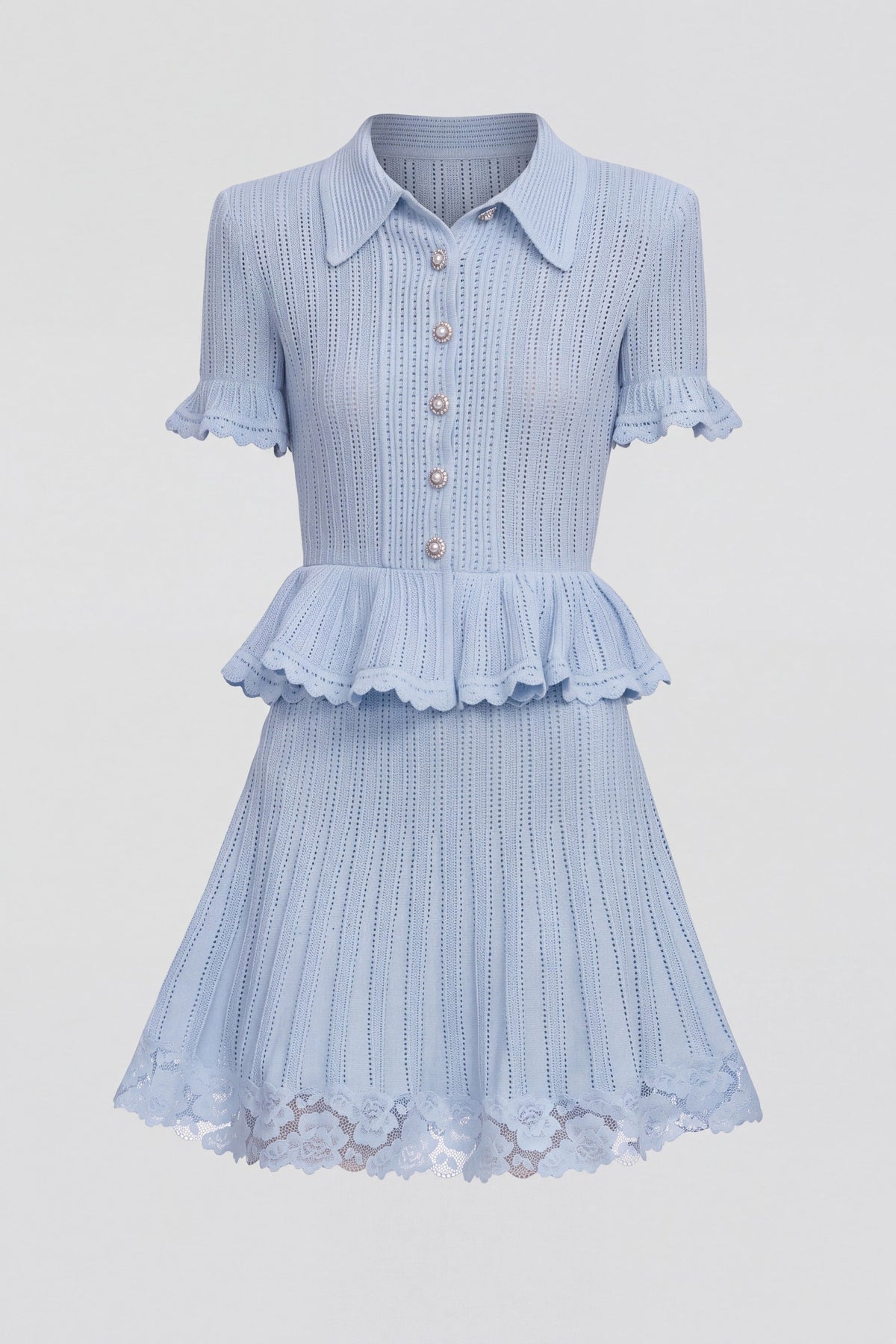 Polo Collar Ribbed Knit Peplum Top and Mini Skirt Set – Blue – view 2