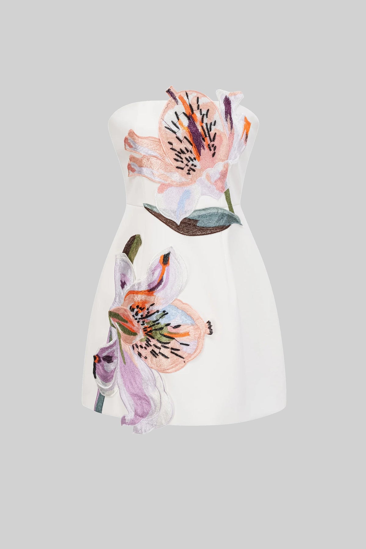 Strapless Floral Print Mini Dress with Flared A-Line Skirt – White – view 2