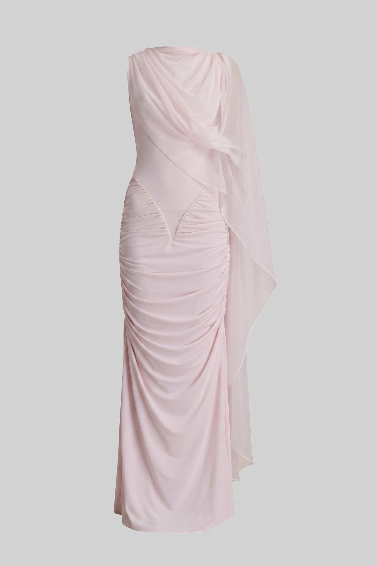 One-Shoulder Draped Maxi Dress with Sheer Scarf Detail – Pink – view 2