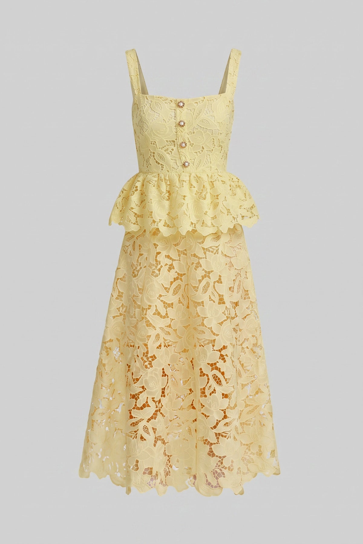 Sleeveless Lace Peplum Midi Dress with Square Neck – Yellow – view 6