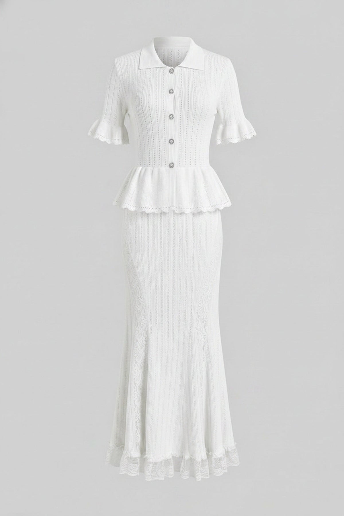 Peter Pan Collar Knit Peplum Maxi Dress with Ruffle Sleeves and Lace Hem – White – view 2