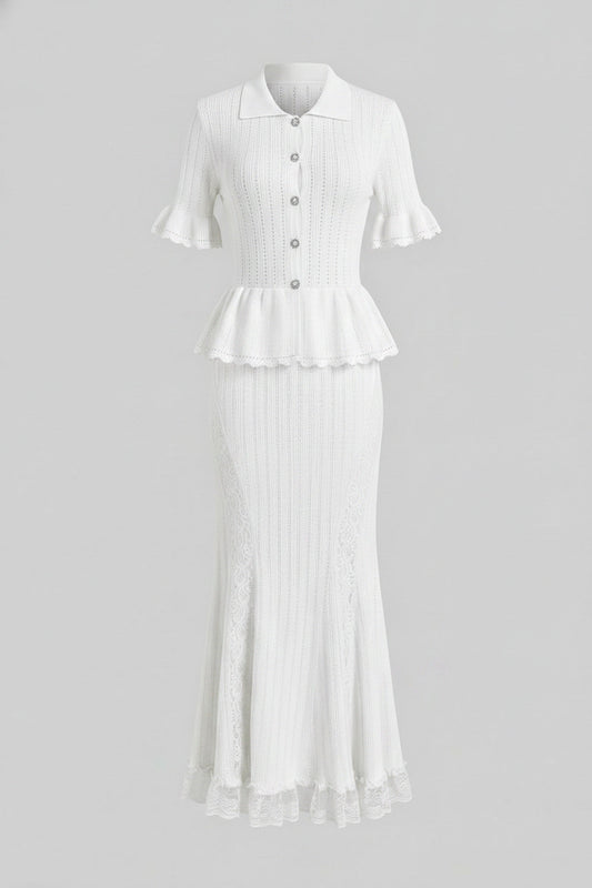 Peter Pan Collar Knit Peplum Maxi Dress with Ruffle Sleeves and Lace Hem – White – view 2