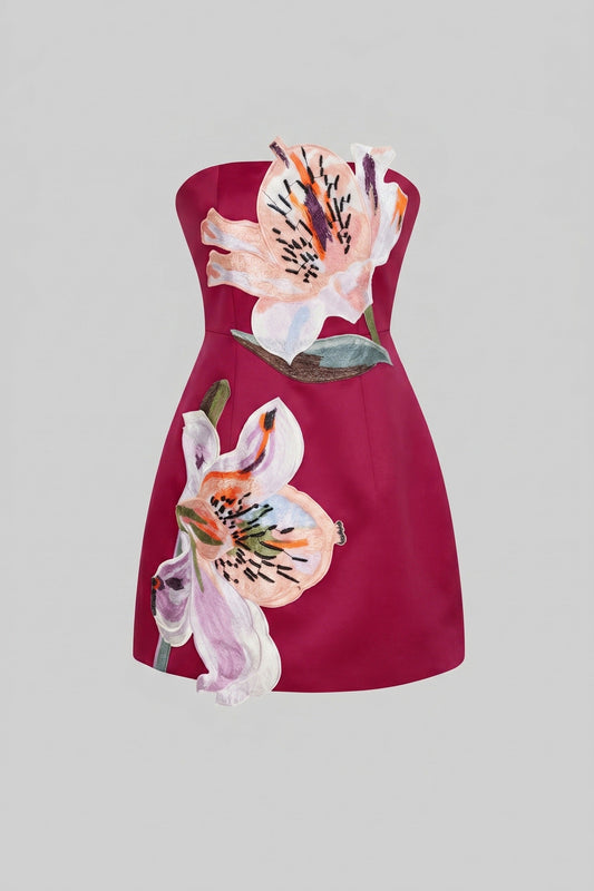 Strapless Botanical Print A-Line Mini Dress with Structured Bodice – Red – view 2