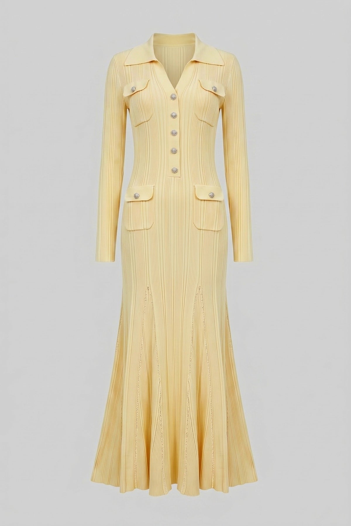 Long Sleeve Button-Front Knit Maxi Dress with Patch Pockets – Yellow