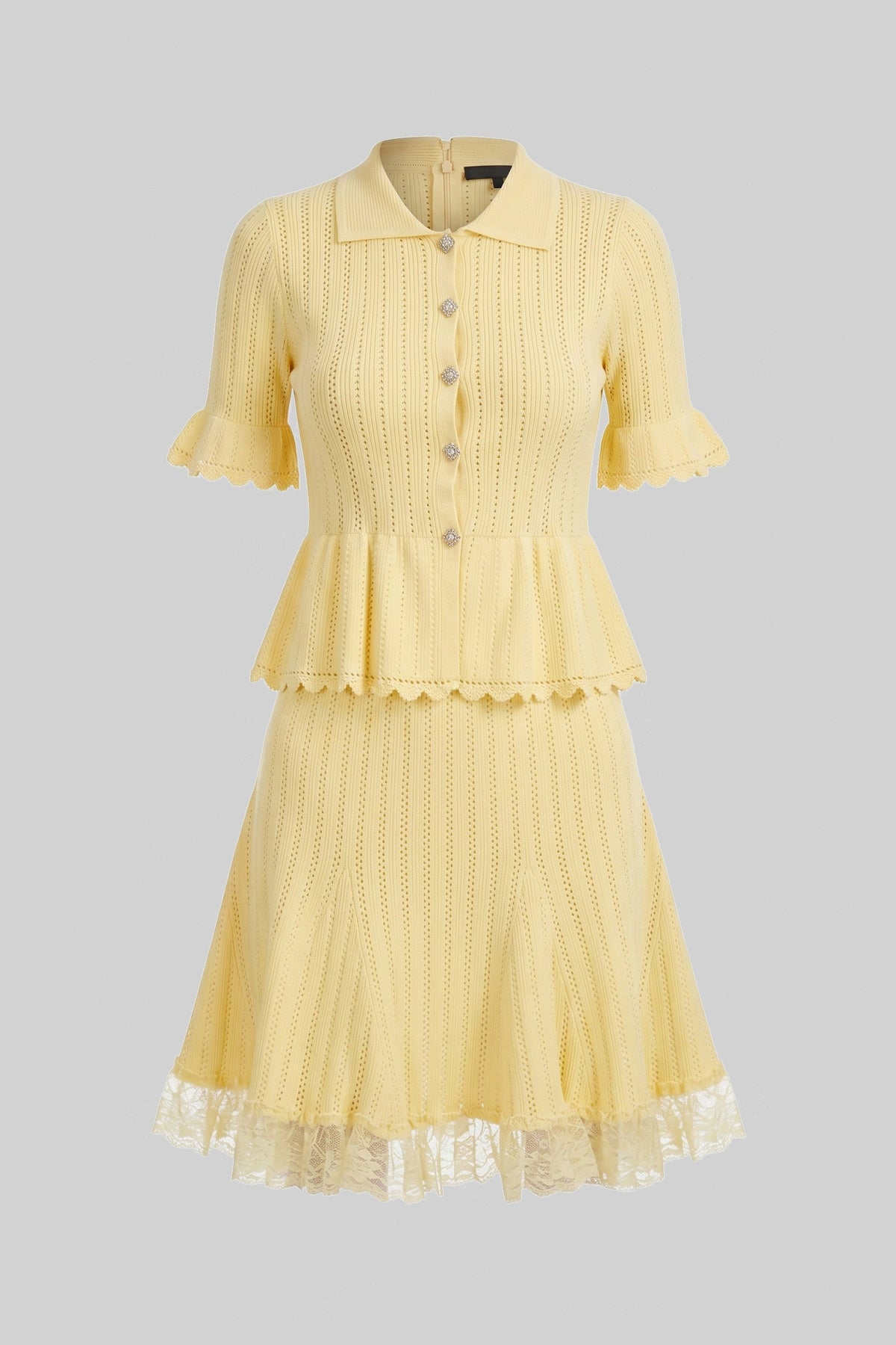 Peter Pan Collar Knit Peplum Top and Mini Skirt Set with Lace Hem – Yellow – view 5